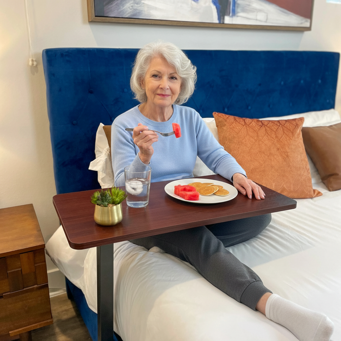 RMS Overbed Table - Hospital Bed Table for Home or Medical Use - Height Adjustable Bed Side Table with Swivel Wheels